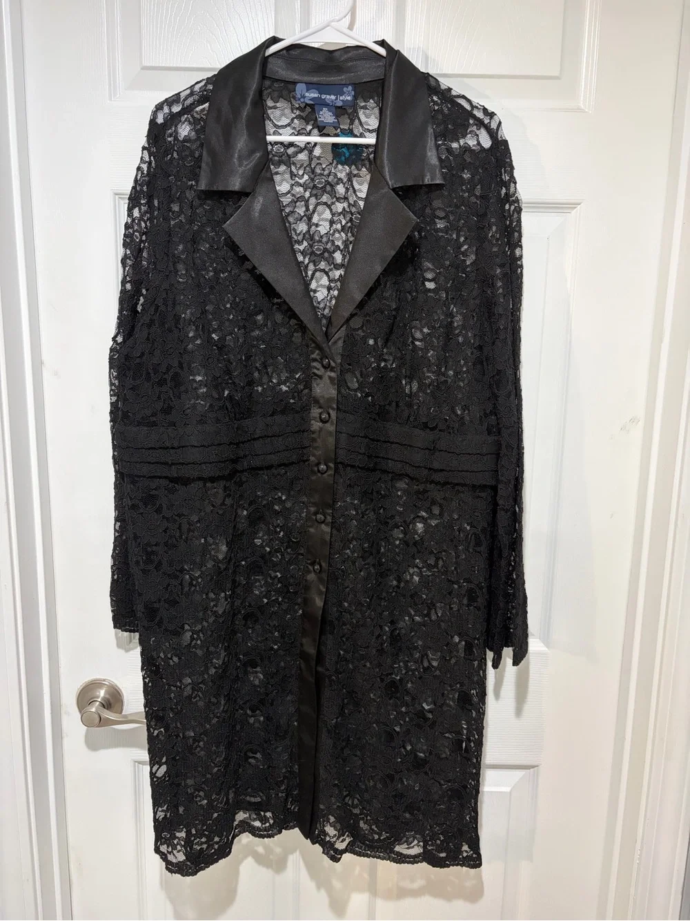 SUSAN GRAVER Style Women’s Black Lace Sheer Satin Trim Duster Jacket 2XL